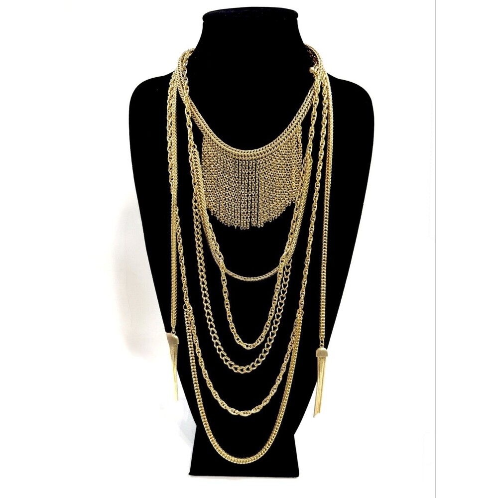 Chicos Gold Tone Multi Strand Chain Fringe Bib Statement Necklace Tassel